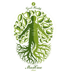 Vector illustration of individual, mystic character composed with tree roots and leaves. Vegetarian lifestyle concept.