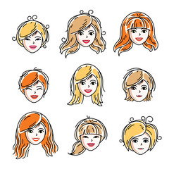 Set of women faces, human heads. Different vector characters like redhead and blonde females, attractive ladies face features collection.