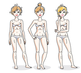 Attractive young women group standing in white underwear. Vector set of beautiful people illustrations. Slim female with perfect body.