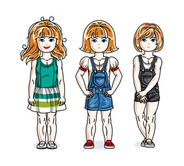 Cute little girls standing in stylish casual clothes. Vector kids illustrations set. Childhood and family lifestyle cartoons.