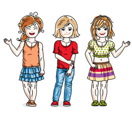 Little girls cute children group standing in stylish casual clothes. Vector diversity kids illustrations set.