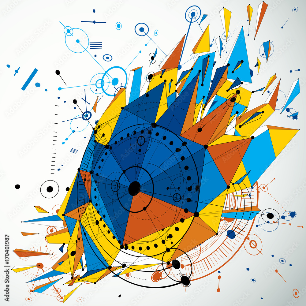 Poster 3d engineering technology vector backdrop with low poly demolished object and wireframe. colorful me