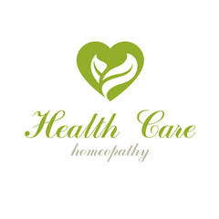 Vector loving heart decorated with green leaves. Wellness center abstract modern logotype can be used in medical and social theme advertisement. Strong heart is good health.