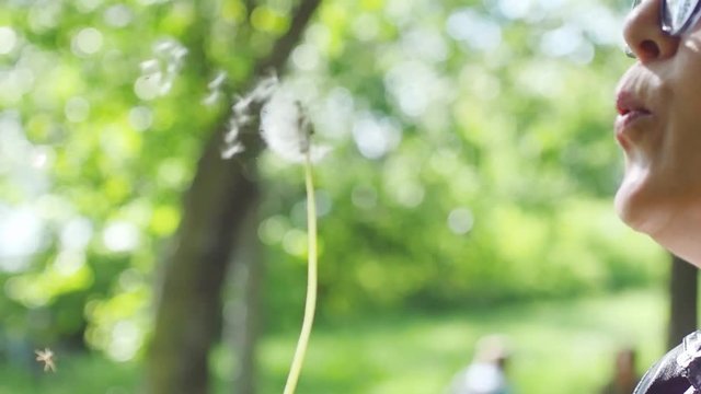 Slow motion of dandelion being blown by beautiful mature woman wearing glasses enjoying sunny day in the park. 1920x1080
