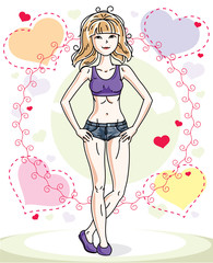 Young beautiful blonde woman standing on colorful backdrop with romantic hearts and wearing casual clothes. Vector character.