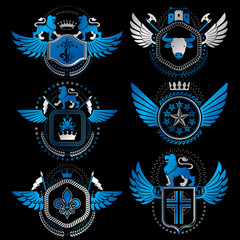 Vector classy heraldic Coat of Arms. Collection of blazons stylized in vintage design and created with graphic elements, royal crowns and flags, stars, towers, armory, religious crosses.