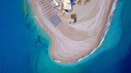 Schilderijen op glas August 2017: Aerial drone photo of Rodos town peninsula with famous resorts and turquoise clear waters, Rhodes island, Aegean, Dodecanese, Greece © aerial-drone