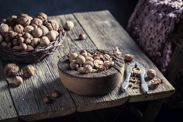 Fresh various nuts with with old nutcracker