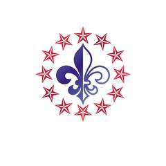 Retro vintage Insignia created with lily flower and pentagonal stars. Vector product quality idea design element, Fleur-De-Lis.