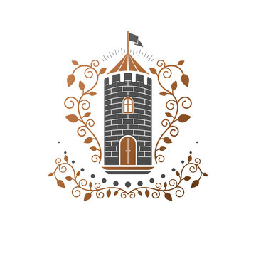 Ancient Citadel emblem. Heraldic vector design element. Retro style label, heraldry logo. Antique logotype on isolated white background.