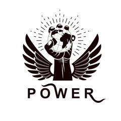 Winged vector emblem composed with raised clenched fist composed with Earth illustration. Authority as the means of global control and manipulation