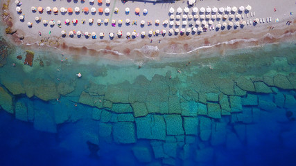 August 2017: Aerial drone photo of Rodos town peninsula with famous resorts and turquoise clear waters, Rhodes island, Aegean, Dodecanese, Greece - obrazy, fototapety, plakaty
