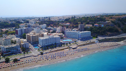 August 2017: Aerial drone photo of Rodos town peninsula with famous resorts and turquoise clear waters, Rhodes island, Aegean, Dodecanese, Greece