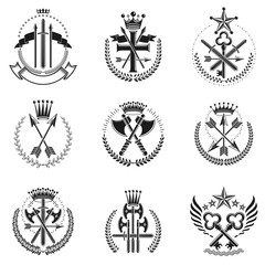 Fototapeta na wymiar Vintage Weapon Emblems set. Heraldic Coat of Arms decorative emblems isolated vector illustrations collection.