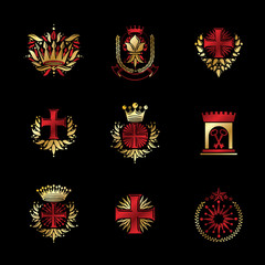 Ancient Crosses Crown Stars and flowers emblems set. Heraldic Coat of Arms, vintage vector logos collection.