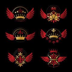 Fototapeta na wymiar Imperial Crowns and Vintage Stars emblems set. Heraldic Coat of Arms, vintage vector logos collection.