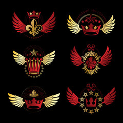 Imperial Crowns and Vintage Stars emblems set. Heraldic Coat of Arms, vintage vector logos collection.