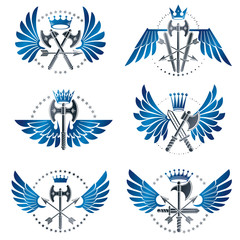 Vintage Weapon Emblems set. Heraldic Coat of Arms decorative emblems isolated vector illustrations collection.