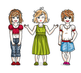 Different little girls cute children standing wearing fashionable casual clothes. Vector diversity kids illustrations set. Childhood and family lifestyle clip art.