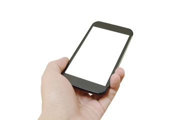 smart phone holding on human hand in white background
