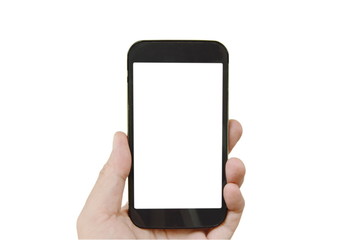 mobile phone holding on human hand in white background