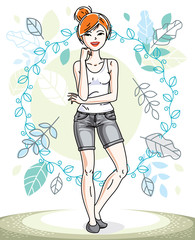 Happy young red-haired woman posing on background of spring landscape and wearing casual clothes. Vector attractive female illustration. Springtime fashion and lifestyle theme cartoon.