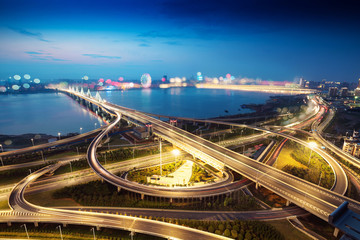 shanghai interchange overpass and elevated road in nightfall