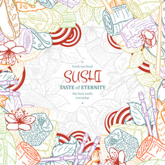 Doodle sushi restaurant menu design template. Engrave asian food frame.