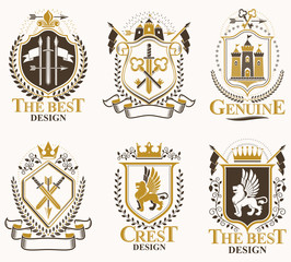 Set of old style heraldry vector emblems, vintage illustrations decorated with monarch accessories, towers, pentagonal stars, weapon and armory. Coat of Arms collection.