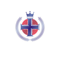 Christian Cross decorative emblem. Heraldic vector design element composed with laurel wreath and imperial crown. Retro style label, heraldry logo, religious vintage symbol.