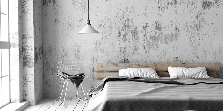 A Industrial Style Bedroom With Recycled Pallet Bed. 3D Render.