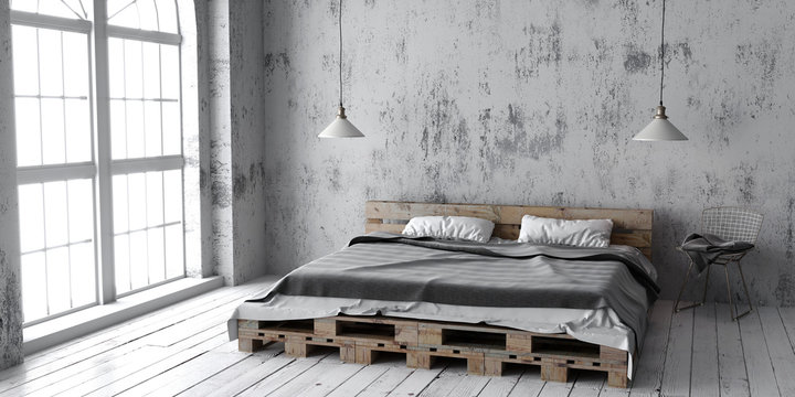 A Industrial Style Bedroom With Recycled Pallet Bed. 3D Render.