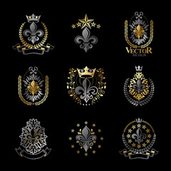 Royal symbols Lily Flowers emblems set. Heraldic vector design elements collection. Retro style label, heraldry logo.