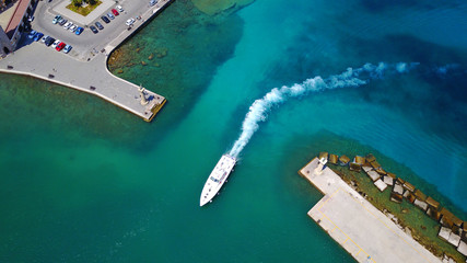 Fototapeta na wymiar August 2017: Aerial drone photo of iconic port entrance where colossal Colosus of Rhodes statue has been, Rodos island, Aegean, Dodecanese, Greece