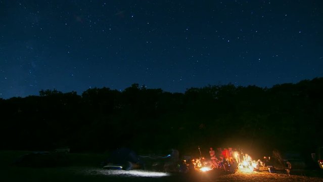 Tent camping in the night, Stars and Milky way Time Lapse Sky Turning Space, camp fire in foreground