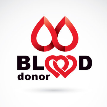 Blood donor conceptual illustration created with heart shape and blood drops. Medical rehabilitation abstract logo for use in charitable organizations.