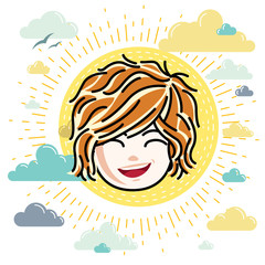 Caucasian type girl face expressing positive emotions, vector human head illustration. Beautiful redhead happy child with stylish haircut.