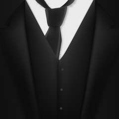 Illustration of Vector Realistic Black Suit. Photorealistic 3D Mens Elegant Tuxedo Suit with Neck Tie