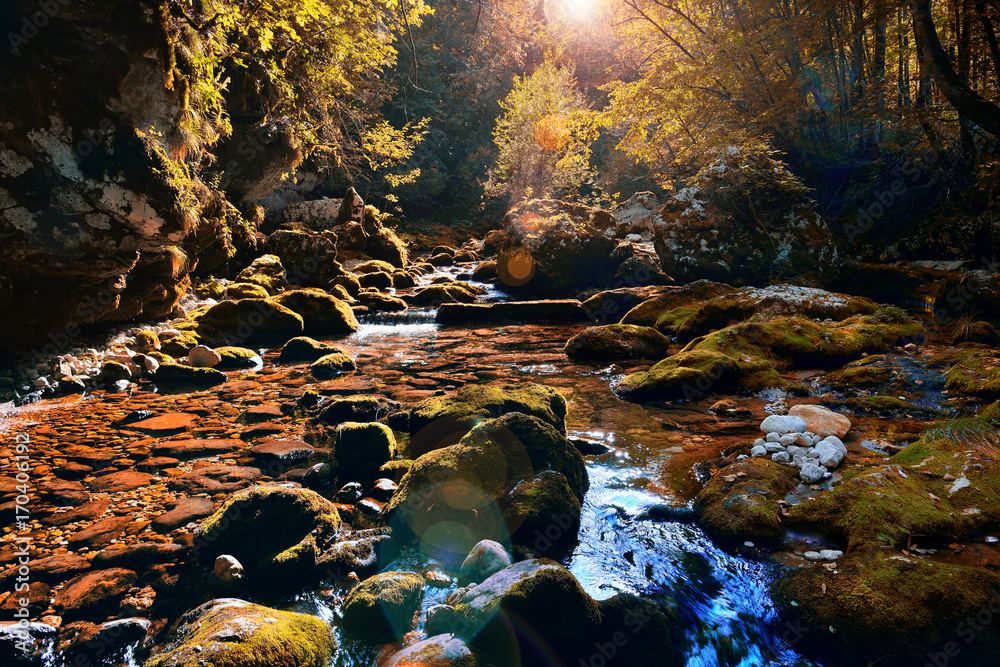 Wall mural Beautiful autumn mountain river waterfall on a sunset with lens flare