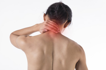 Young man neck pain on white background.
