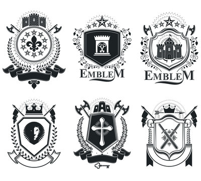 Old style heraldry, heraldic emblems, vector illustrations. Coat of Arms collection, vector set.