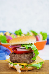 Delicious handmade burger on white background
