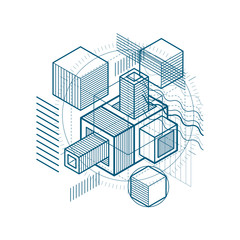 3d abstract vector isometric background. Layout of cubes, hexagons, squares, rectangles and different abstract elements.