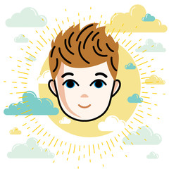 Boy face, vector human head illustration, portrait. Red-haired teenager expressing positive emotions.