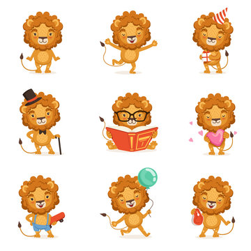 Cute lion character character doing different activities colorful vector Illustrations