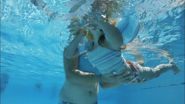 Underwater shot of unrecognizable woman teaching daughter to swim in pool.