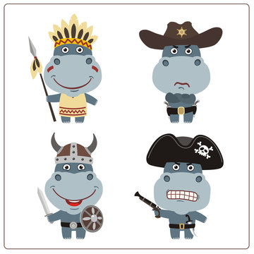 Set isolated hippo in cartoon style for design children holiday and birthday. Funny hippopotamus in costume of viking, american indian, cowboy and pirate.