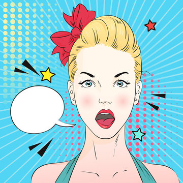 Pop art surprised blond woman face with open mouth. Comic woman with speech bubble. Vector illustration.