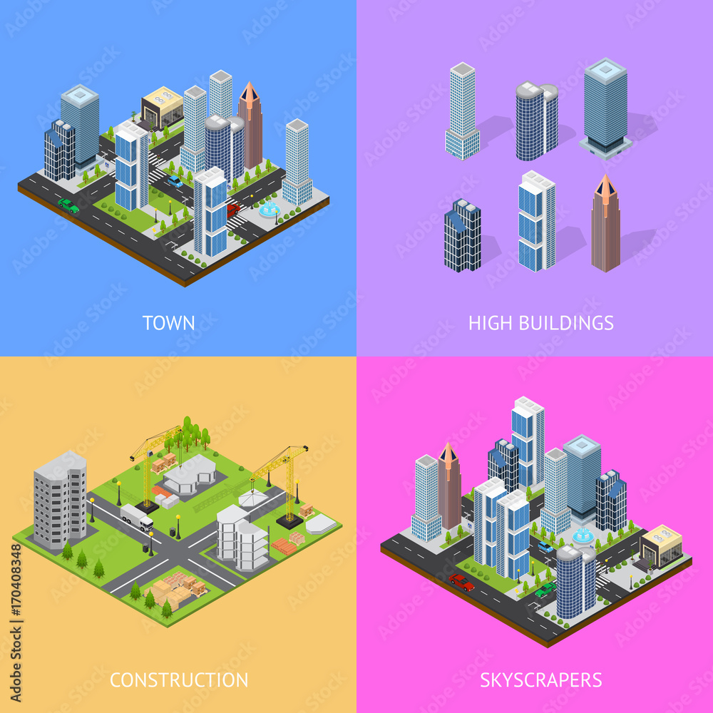 Canvas Prints City Landscape Construction Building Poster Card Set Isometric View. Vector