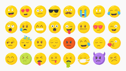 Big Set of 32 Yellow Modern Flat Vector Cartoonish Emoticons Faces Characters. Rough Hand Drawn Style Illustration.